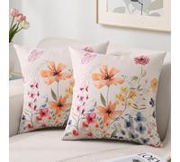 Housse de Coussin 40 x 40 cm Lin Imperméable Extérieur Jardin Taie d'oreiller Décorative Fleurs Colorées Plante Carrée Lot de 2 Housses de Coussin Printemps pour Canapé de Jardin Salon