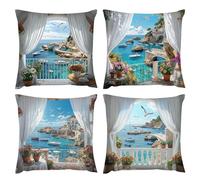 Housse de Coussin 40 x 40 cm Paysages de la côte Coussins Décoratifs Housses D'oreiller Lin Coussin Salon Chambre Banc Taie Coussins Canapé Printemps Automne, avec Fermeture Invisible Lot de 4 v-195
