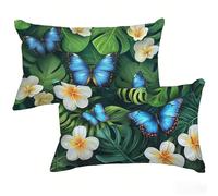 Housse de Coussin 40 x 70 cm Lot de 2, Vert Exterieur Impermeable Housse Coussin, Velours Taie Oreiller Rectangulaire, Papillon Decoratif Taie D'oreiller pour Decoration Maison Canapé Jardin T0-468