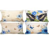 Housse de Coussin 40 x 70 Lot de 4 Bleu Coussin Exterieur Impermeable Lin Taie d'oreiller Papillon Motif Rectangulaire Cushion Covers Canape Decoration Salon Maison Exterieur Jardin Terrasse 2v-38V