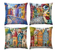 Housse de Coussin 40x40 cm, Lot de 4 Décoration D'intérieur Ville paysage Canapé Coussins Salon Housses de Coussin Impermeable Lin Maison Coussins extérieur Jardin Ameublement Taie d'oreiller d-487