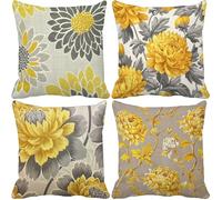 Housse de Coussin 40X40 CM Lot de 4 Housse Coussin Canapé Jaune Taie D'oreiller Super Doux avec Zip Invisible Chrysanthème pour Canapé Chaises Voiture Salon Decoration Maison, Idée Cadeau Femme 4-8