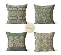 Housse de Coussin 40x40cm Lot de 4 Imperméable Lin D'oreiller D'été Carrée Motif Bohème Coussin Canapé Décoratifs pour Salon Chambre Lit Voiture Jardin Coussin Exterieur Impermeable Vert Sauge LY-354
