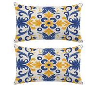 Housse de Coussin 40x70 cm Lot de 2 Taie D'Oreiller Bleu Coussin Canape Decoration Fleur de Bohème Housses de Coussins en Lin Rectangulaire Coussins Décoratifs pour Salon Chambre Jardin (XY449)
