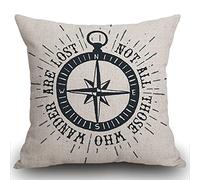 Housse de coussin 45 x 45 cm avec citation inspirante « Not All Those Who Wander Are Lost » - Décoration de voyage avec boussole nautique - Décoration vintage en coton et lin - Pour canapé