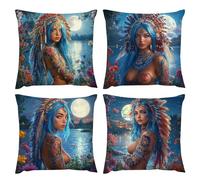 Housse de Coussin 45 x 45 cm Femme indienne lune Coussins Décoratifs Housses D'oreiller Lin Coussin Salon Chambre Banc Taie Coussins Canapé Printemps Automne, avec Fermeture Invisible Lot de 4 v-671