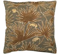 Housse de coussin 45x45 cm lin lavé motif végétal PALAWAN vert Kaki