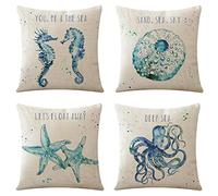 Housse de Coussin 45x45 cm, Lot de 4 Taie d'oreiller Housse Coussin Exterieur Impermeable Décoratif Coussin Canape Créatures de la mer Motif coussin salon de jardin exterieur Decoration Maison
