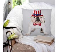 Housse de Coussin 45x45 cm,Mignon Chiot Bouledogue Anglais Blanc en Chapeau Oncle Sam et Noeud Papillon,Polyester Taie d'oreiller de pour Maison Salon Chambre Décoration D'intérieur