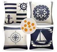 Housse de Coussin 45x45 cm Nautique Décoratif Taie d'oreiller Canapé Voile Boussole Ancre Gouvernail Blanc Marine Housses Coussins Lin Imperméables Patio Chambre Lits Chaises Maison Jardin Extérieur