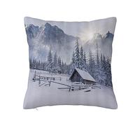 Housse de Coussin 45x45cm Taies d'oreiller Décoratif,Winter Forest Old Farm House by The Mountain in The Winter Season Cold Times in R,Canapé Taie d'oreiller Decoration Maison Salon pour Canapé Chaise