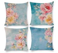 Housse de Coussin 50 x 50 cm Pivoine bleue Housse Coussin Velours Décoratif Taie d'oreiller Taie d'oreiller Carrée pour Canapé Chambre Chaise Maison Jardin Extérieur Automne Décoration 4 Pièces z-485