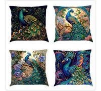 Housse de Coussin 50x50 cm Lot de 4 Paon Bleu Vert Velours Doux Décoratif Taie d'oreiller pour Canapé Maison Jardin Extérieur Décoration Housse Coussin