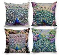 Housse de Coussin 60 x 60 cm Paon fleurs Housse Coussin Lin Décoratif Taie d'oreiller Taie d'oreiller Carrée pour Canapé Chambre Chaise Maison Jardin Extérieur Automne Décoration 4 Pièces z-465