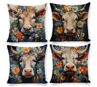 Housse de Coussin 60 x 60 cm Vache florale Housse Coussin Velours Décoratif Taie d'oreiller Taie d'oreiller Carrée pour Canapé Chambre Chaise Maison Jardin Extérieur Automne Décoration 4 Pièces z-341