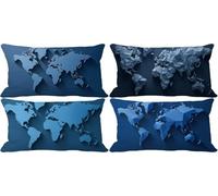 Housse de Coussin 60x80 Bleu Housse Coussin Exterieur Impermeable Lin Lot de 4 Carte du monde Rectangle Taie d'oreiller avec Fermeture Eclair pour Decoration Salon Maison Chambre Jardin Banc e-5227w