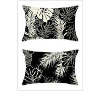 Housse de Coussin 60x80cm Lot de 2 Lin Rectangulaires Housse Coussin Exterieur Décoratives Noir Blanc Feuille Motif Lombaire Taie d'oreiller pour Canapé Maison Salon Lit Jardin