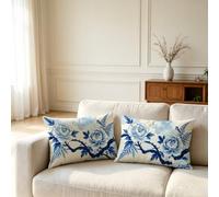 Housse de Coussin 70x90 Lot de 2 Fleur Tissu Lin Extérieur P-2768 | Coussin Décoratif Bleu Facile d’entretien & Fermeture éclair Invisible, pour Chambre Sofa Terrasse Salon Jardin