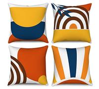Housse de coussin Boho 45x45 Set de 4, Hnmdmyi Mid Century Feuille abstraite Arc-en-ciel Taie d'oreiller décorative Orange brûlée Moderne Géométrique Minimaliste Taie d'oreiller en lin pour Home Decor
