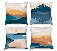 Housse de coussin Boho 50x50 Set de 4, Hnmdmyi Abstrait Montagne Coucher de soleil Lever de soleil Taie d'oreiller décorative Mid Century Moderne Nature Paysage Art Lin Taie d'oreiller pour Home Decor
