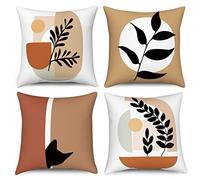 Housse de coussin Boho 50x50 Set de 4, Hnmdmyi Feuille abstraite Plante Chat noir Décoratif Taie d'oreiller Art moderne Minimaliste Housse de coussin en lin esthétique pour Canapé Extérieur Home Decor