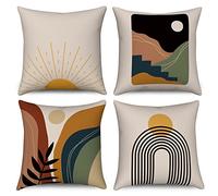 Housse de coussin boho 50x50 set de 4, Hnmdmyi soleil abstrait coucher de soleil lever de soleil ligne arc en ciel montagne décorative taies d'oreiller nature paysage art moderne lin housse d'oreiller