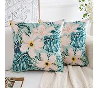 Housse de Coussin Canape Exterieur Tropical Feuilles Vertes Fleurs Taie d'oreiller Décoratif Polyester Lin Housse Coussin Deco pour Lit Chaise Salon Maison Auto Tente Patio Jardin 40x40 cm Lot de 2