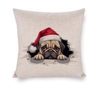 Housse de coussin carrée avec fermeture éclair et chapeau de Noël - Motif chien carlin qui regarde le regard - Pour bureau, salon, chambre à coucher, voiture, chaise de café, décoration d'intérieur