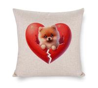 Housse de coussin carrée avec fermeture éclair pour bureau, salon, chambre à coucher, voiture, chaise de café, décoration d'intérieur, motif cœur rouge qui regarde un chien de Poméranie - 55,9 x 55,9