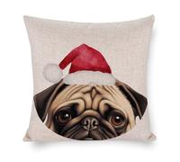 Housse de coussin carrée en coton et lin avec chapeau de Noël et chien carlin qui regarde le regard de chien - Style rustique - Pour chambre à coucher, salon, cuisine, bureau, décoration d'intérieur