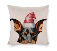 Housse de coussin carrée en coton et lin avec chapeau de Noël et chien Doberman Pinscher pour chambre à coucher, salon, bureau, décoration d'intérieur, cadeau de pendaison de crémaillère 50,8 x 50,8