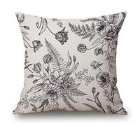 Housse de Coussin carrée en Coton et Lin avec Motif Floral et Fleurs printanières Noir et Blanc 45,7 x 45,7 cm