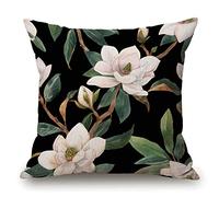 Housse de coussin carrée vintage en coton et lin Motif floral Noir/blanc/vert 45,7 x 45,7 cm