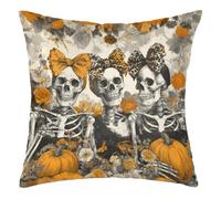 Housse De Coussin Crâne d'halloween Squelette Citrouille Vintage 45X45Cm Housse Coussin Fermeture Éclair Invisible Imprimé Taies D’Oreiller pour Maison Canapé Salon