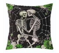 Housse De Coussin Crâne Gothique Amoureux Squelette Halloween Vintage Roses 45X45Cm Housse Coussin Décoratives Decoratif Taies D’Oreiller pour Voiture Patio Extérieure
