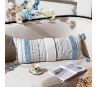 Housse de coussin d corative lombaire bleue BlissBlush 14 x 36 cm, style boh me, pour lit, taie d'oreiller blanche neutre, style ferme, pour cham