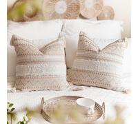 Housse de coussin décorative BlissBlush 18X18 Combo Lot de 2 taies d'oreiller carrées crème neutre blanc bohème avec pompons Coussin de ferme pour