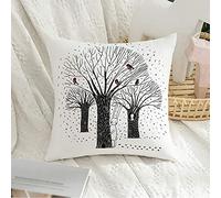 Housse de Coussin décorative carrée taie d'oreiller Doux Noir Beaux Arbres Oiseaux lièvre Lapin Animaux d'hiver Faune Blanc Neige forêt Prairie Main bébé Housse de Coussin pour canapé Chambre voitur