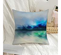 Housse de Coussin décorative carrée taie d'oreiller Doux Vert Aventure Paysage Tons Bleus Ciel Arbres lac Brouillard Animaux Faune Abstraite Nature Belle Housse de Coussin pour canapé Chambre voitur