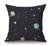 Housse de coussin décorative colorée en coton et lin - Motif étoiles et planètes - 45,7 x 45,7 cm
