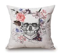 Housse de coussin décorative en coton et lin Motif tête de mort et roses squelette Halloween Toussaint gothique 45,7 x 45,7 cm