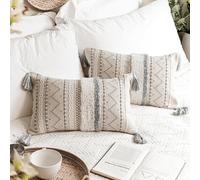 Housse de coussin décorative lombaire BlissBlush 12x20 Combo Lot de 2 taies d'oreiller rectangulaires grises Boho Accent Gris neutre Farmho