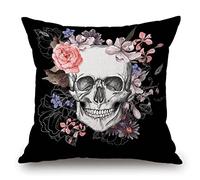 Housse de coussin décorative motif tête de mort - 45,7 x 45,7 cm - Motif fleurs en sucre - Squelette - Halloween - Toussaint - Décoration noire pour salon, canapé, lit, intérieur et extérieur