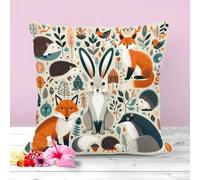Housse de coussin décorative sur le thème des animaux de la forêt | Lapin, Renard, Hérisson Décoration d'intérieur unique | Idée cadeau | 45 x 45 cm | Thème de la forêt