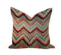Housse de coussin douce de style rustique - 50,8 x 50,8 cm - Turquoise avec rayures rouges et bleues en zigzag Ikat - Œuvre d'art abstrait contemporain en coton et lin pour jardin, terrasse