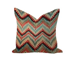 Housse de coussin douce de style rustique - 50,8 x 50,8 cm - Turquoise avec rayures rouges et bleues en zigzag Ikat - Œuvre d'art abstrait contemporain en coton et lin pour jardin, terrasse