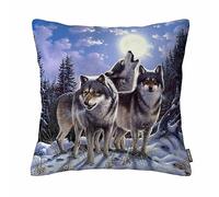 Housse de coussin en coton et lin avec motif loup sauvage dans la forêt d'hiver avec pleine lune 45,7 x 45,7 cm (double côté)