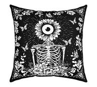 Housse de coussin en forme de tête de mort en sucre - Style gothique - Noir et blanc - Imprimé réversible - Tournesols - Papillon - Plante exotique - Pour salon, canapé, décoration - 45,7 x 45,7 cm