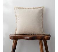 Housse de Coussin en Lin à Franges - Douce et Confortable de Style bohème avec Pompons pour canapé, Sofa, Style Ferme, décoration Naturelle, taie d'oreiller en Toile de Jute, Beige, 45,7 x 45,7 cm