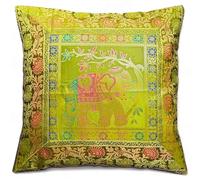 Housse de coussin en soie indien motif mandala d'éléphant indien en brocart de sari bohème pour décoration d'intérieur 40,6 x 40,6 cm Fermeture éclair Banarsi | Ethnique - Fait à la main -